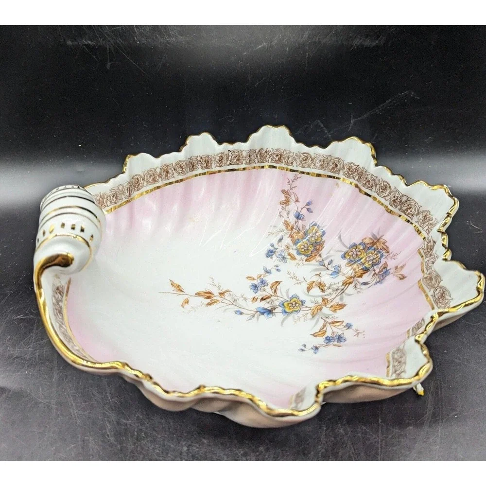 Antique Pink Hand Painted German Porcelain Seashell Serving Bowl Flowers 9.5